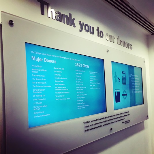 The new digital donor wall in Birkbeck's Malet Street building