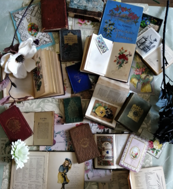 A selection of nineteenth-century language of flowers books and paraphernalia. 