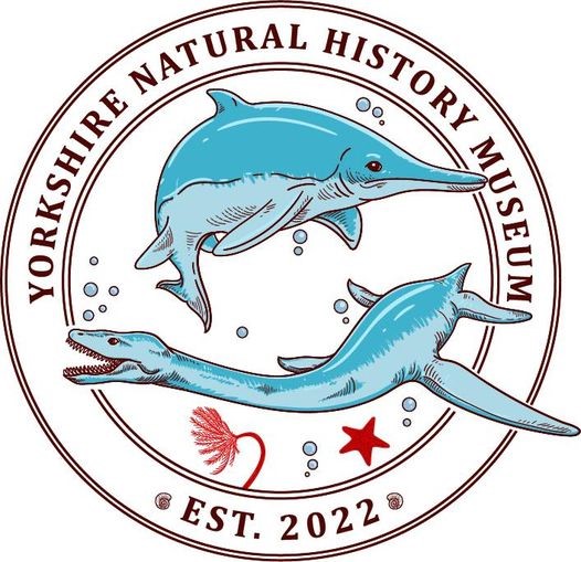 The logo of Yorkshre Natural History Museum. Illustrations of a dolphin swimming above a plesiosaur with water bubbles, a red plant and a starfish.
