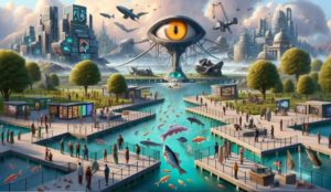 An AI generated image of a pier with crystaline blue water and many creatures swimming in it. Along the boardwalk many people walk. In the distance perfectly round trees can be seen. Beyond that is a tower with a giant eye at the top overlooking the whole scene. 