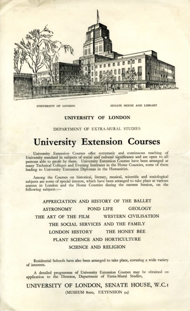 A flyer advertising University Extension courses, featuring a drawing of Senate House 