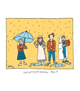 An illustration of four women stood in the rain, where the woman from the Womens Liberation Front holds an umbrella, keeping herself dry while the remaining three get wet